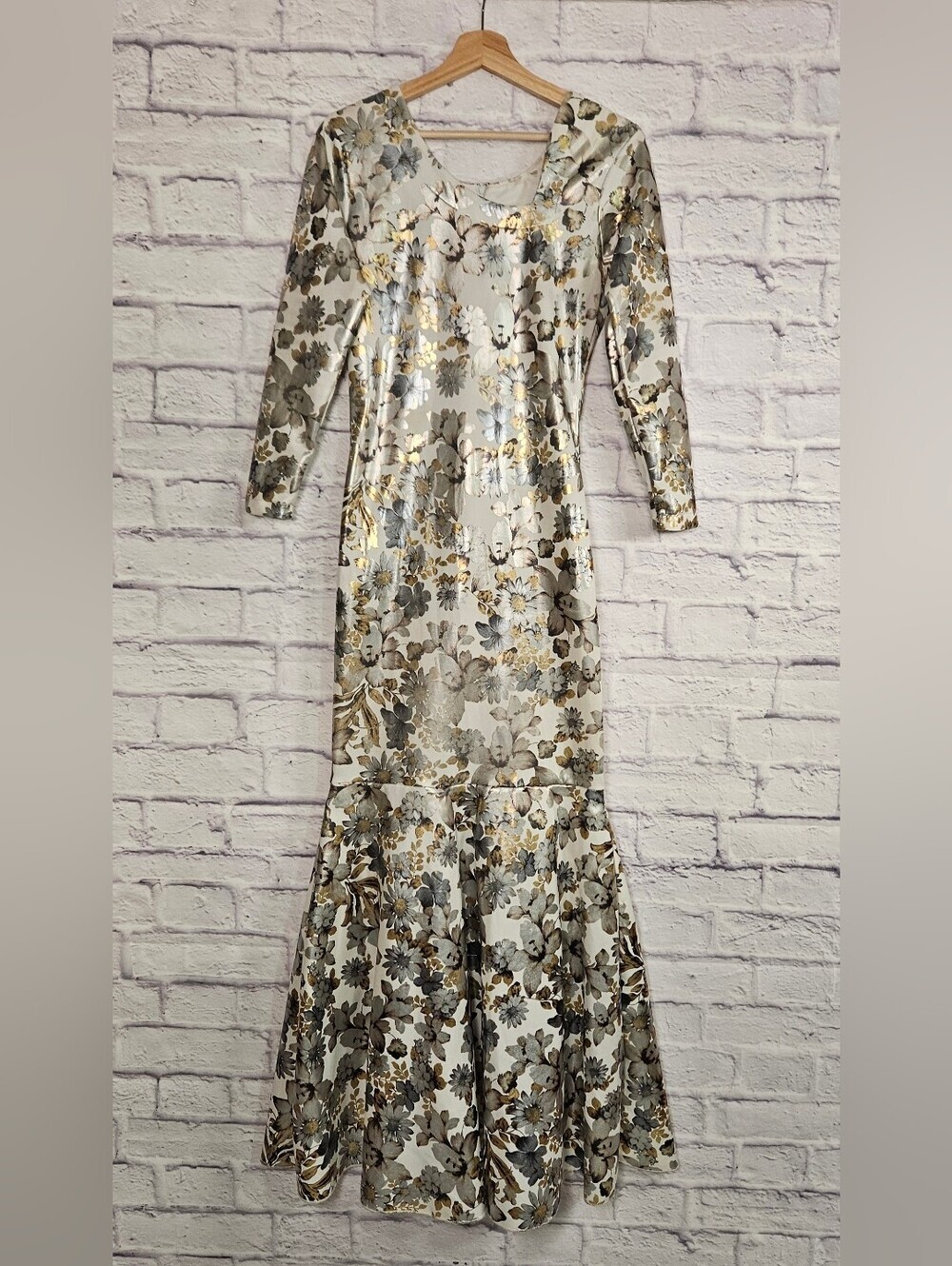 Vintage Metallic Floral Fit Flare Maxi Dress Formal Evening Gown